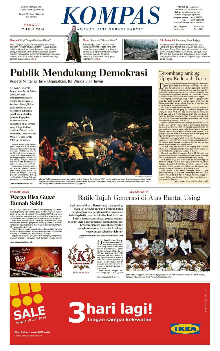 Kompas Newspaper Pagi 17 July 2016 Gramedia Digital