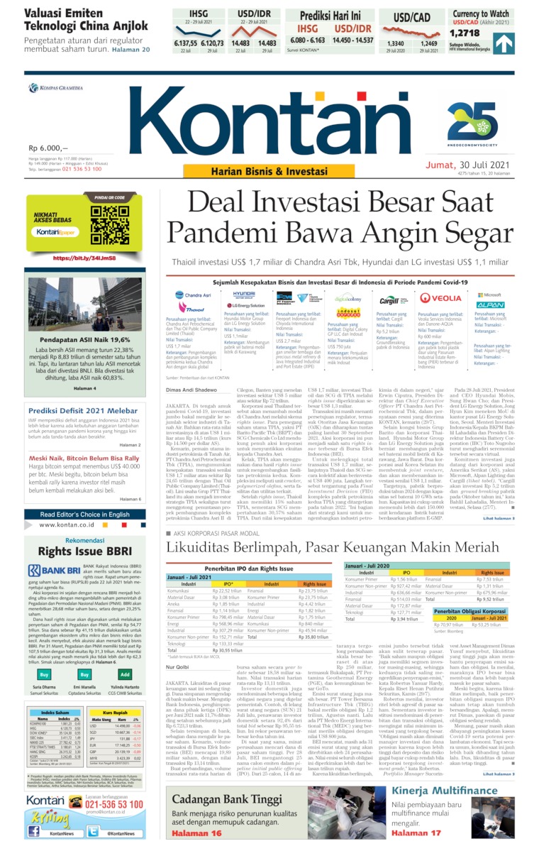 Koran Kontan Newspaper 30 July 2021 Gramedia Digital